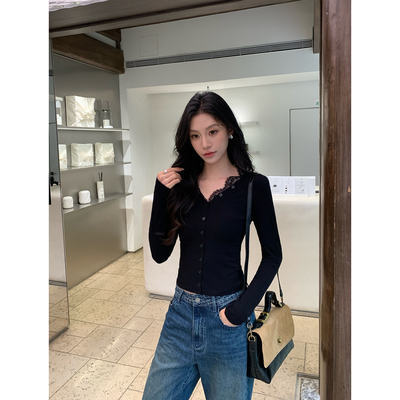 pusumede 甜氧旋律 蕾丝拼接v领针织开衫女设计感短款修身长袖t恤