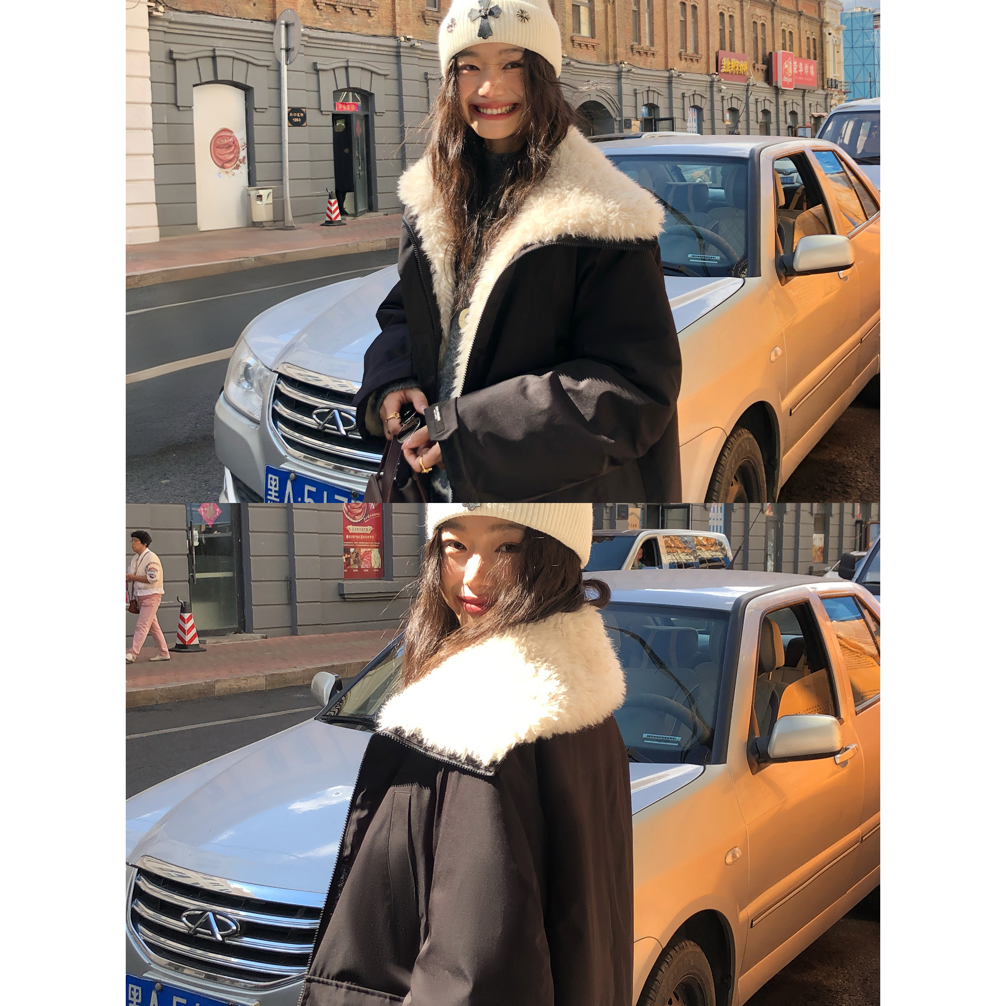 pusumede 露思同款 高级毛绒大翻领派克棉服女中长款保暖工装外套