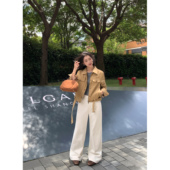 女高腰宽松垂感休闲直筒长裤 米白色阔腿牛仔裤 通勤穿搭 pusumede