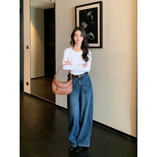 女宽松阔腿直筒拖地长裤 高腰设计感拼接牛仔裤 蓝调爵士 pusumede