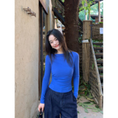 pusumede 针织上衣 t恤女抽褶收腰内搭打底衫 漫画身材T 一字领长袖