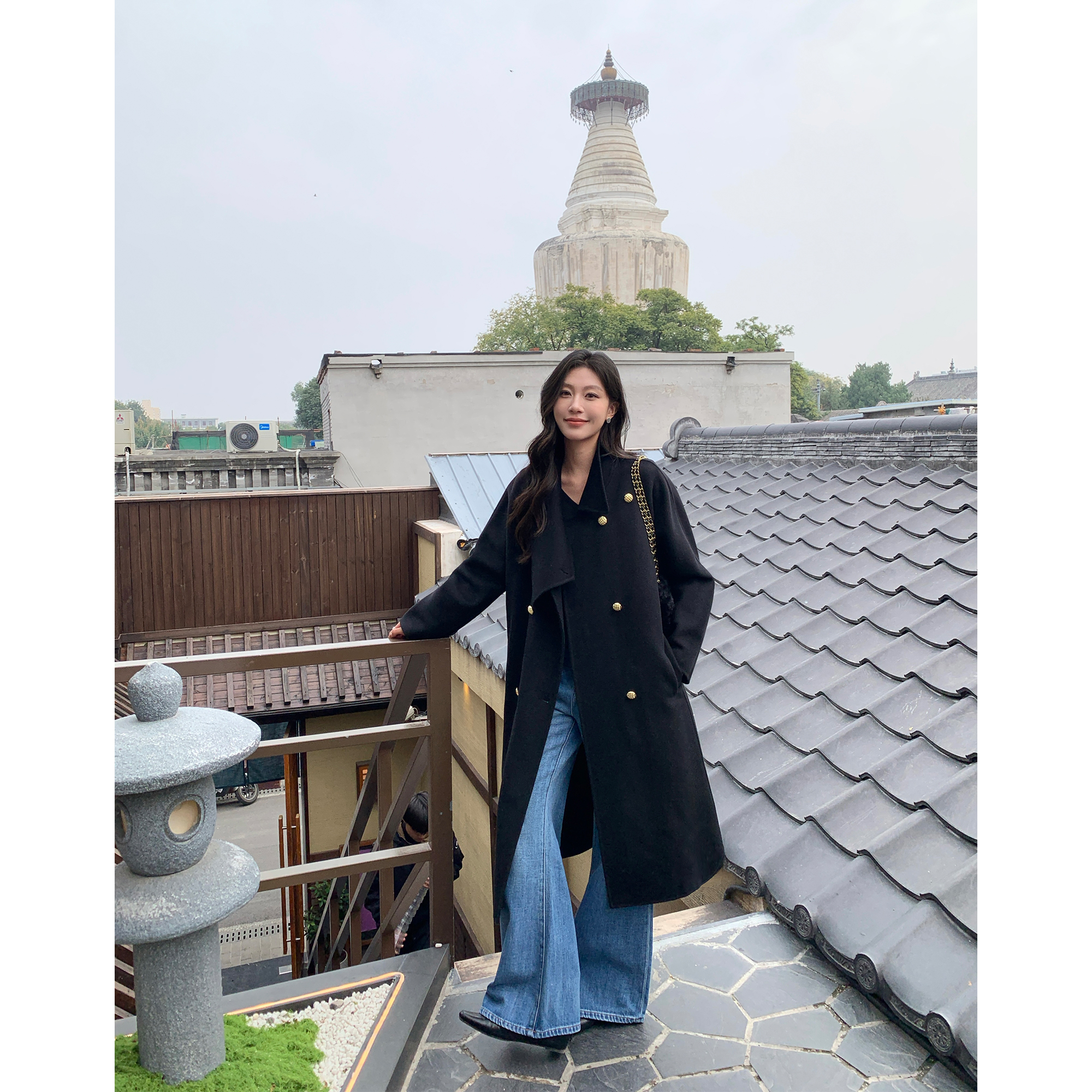 pusumede 雾都也纳 100%羊毛双面呢大衣女宽松围脖领长款毛呢外套