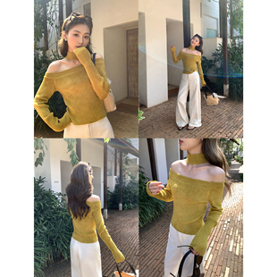 上衣 内搭性感露肩长袖 pusumede挂脖一字肩针织衫 女设计感小众修身