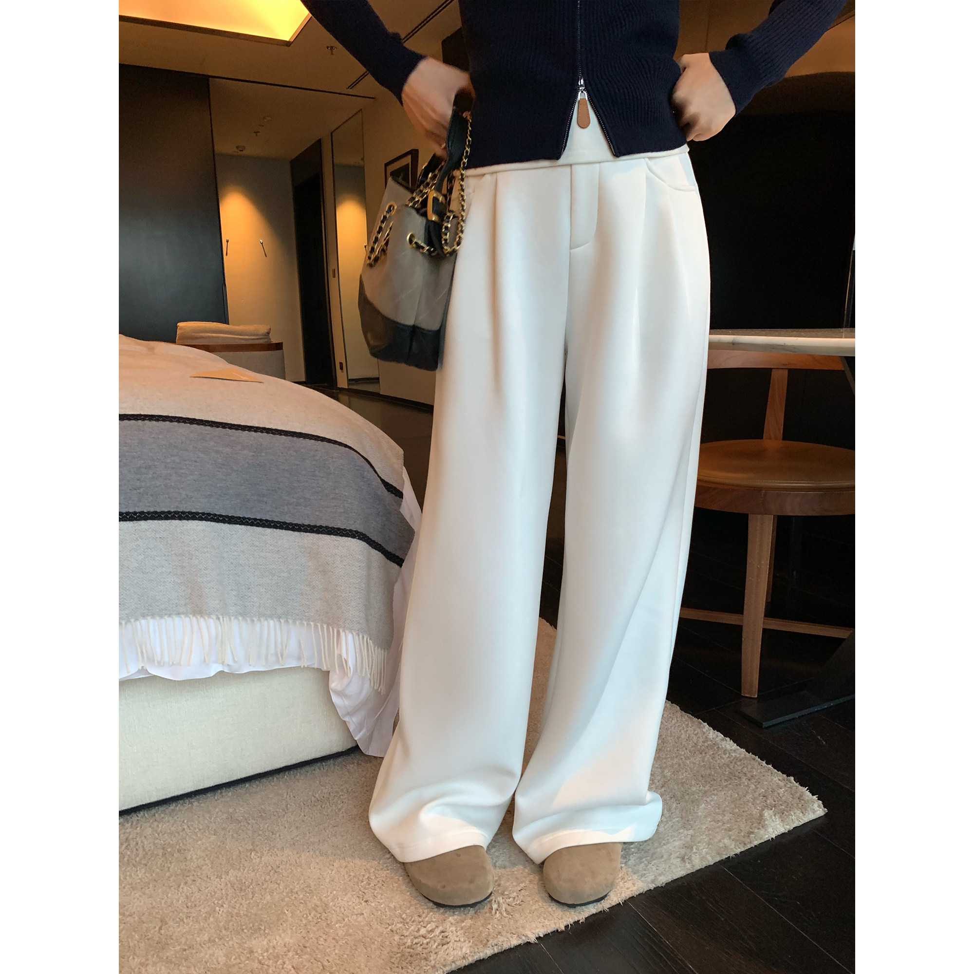 pusumede 穿搭品味 米白色高腰阔腿裤女松弛感休闲通勤直筒长裤子