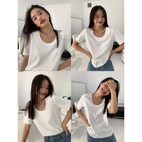 t恤上衣女正肩短袖u领白色t