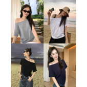 长袖 pusumede 一字肩露肩短袖 t恤女设计感斜领宽松气质针织上衣