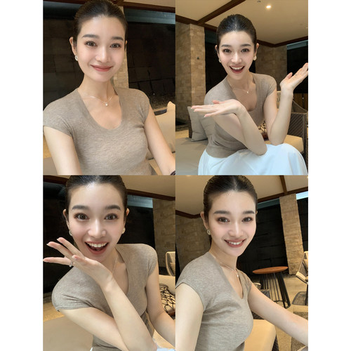 气质针织短袖u领T恤女修身上衣