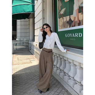 女设计感压褶通勤直筒休闲长裤 复古高腰阔腿裤 简律日常 pusumede