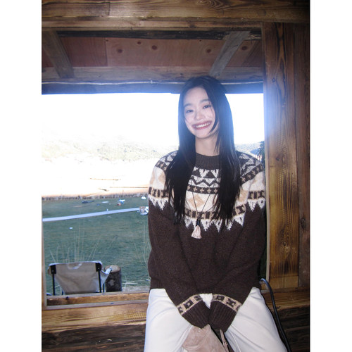 pusumede氛围感节日 复古费尔岛提花毛衣女宽松慵懒圆领针织上衣