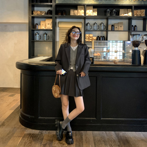 学院风灰色西装外套女春秋西服