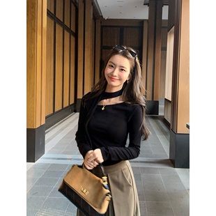 针织打底衫 t恤女修身 内搭上衣 气质斜肩飘带长袖 pusumede温柔姐感