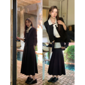 pusumede撞色翻领短款 小香风西装 外套女设计感百褶半身裙两件套装