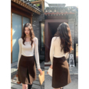 pusumede复古帧画 羊毛混纺毛呢半身裙女秋冬设计感压褶高腰a字裙