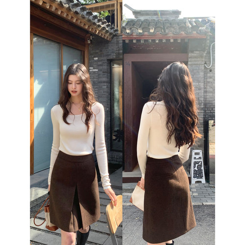 复古帧画羊毛混纺毛呢半身裙