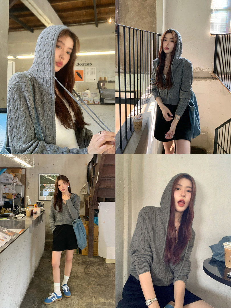 Gray cable-knit hooded cardigan worn with a black skirt in a lifestyle collage