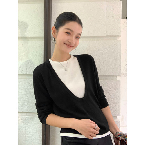 pusumede 小众视觉 气质假两件U领针织衫女设计感宽松长袖上衣