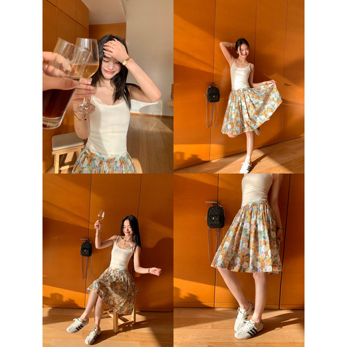 莫奈花园油画感印花半身裙女