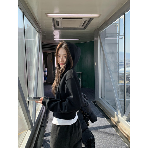 黑色连帽卫衣外套女春秋新款休闲