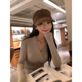 时髦vide V领长袖 T恤女缩褶修身 pusumede 针织衫 小众设计感上衣