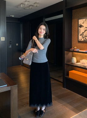 pusumede 简雅知性 黑色丝绒蕾丝花边半身裙女气质宽松保暖直筒裙
