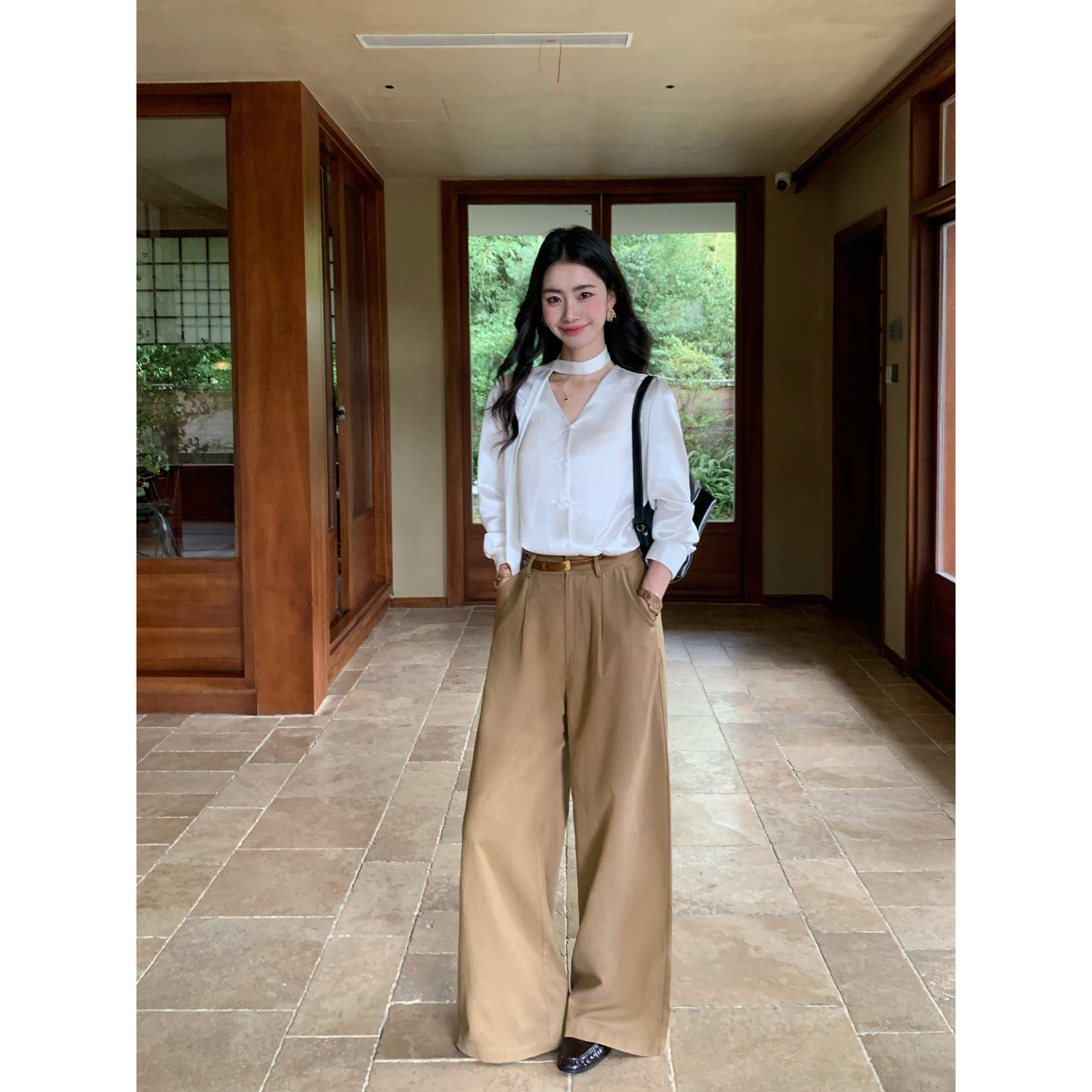 pusumede 老钱腔调 美式卡其色休闲裤女慵懒松弛直筒阔腿裤长裤