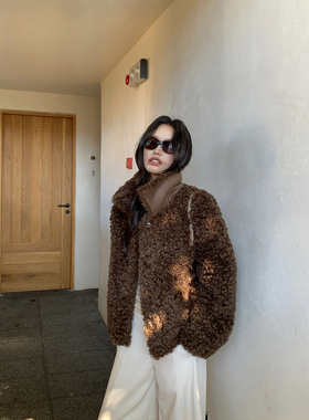 pusumede 奶霜绒语 翻领短款仿皮草外套女气质宽松保暖毛毛上衣