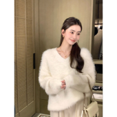 pusumede 蓬松仿貂毛V领套头毛衣女软糯舒适毛毛上衣 温柔慵懒