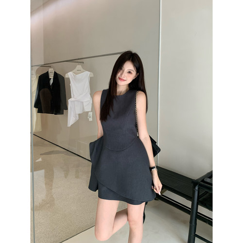 pusumede黑色无袖连衣裙女圆领背心裙不规则设计感花苞蓬蓬裙短裙