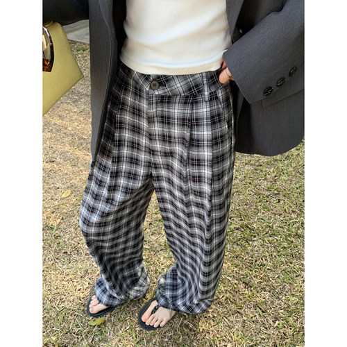 复古格纹阔腿裤格子裤女休闲裤