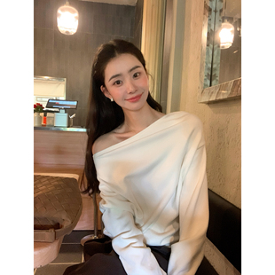 卫衣女韩系慵懒松弛感气质针织上衣 斜肩长袖 pusumede 极简日记