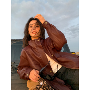 pusumede【现货6.5折】黑色立领皮衣外套女宽松高级感夹克机车服