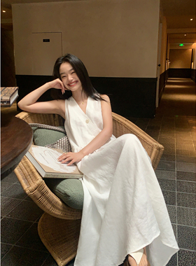 pusumede极简主义|1OO亚麻v领连衣裙女无袖背心裙宽松气质长裙