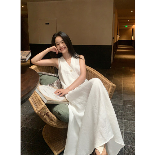 pusumede极简主义|1OO亚麻v领连衣裙女无袖背心裙宽松气质长裙