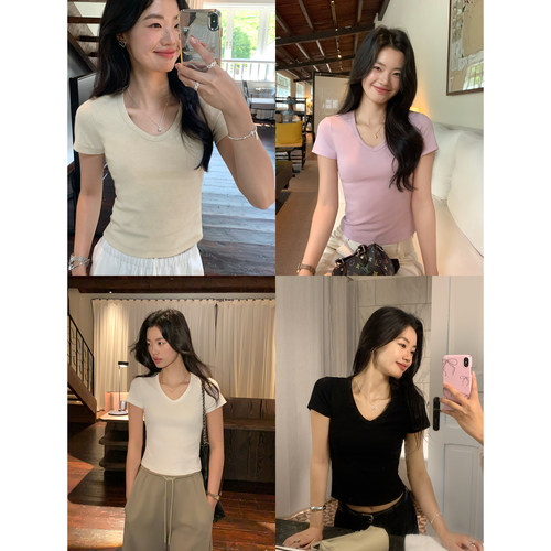 pusumede 百搭旋律 v领针织短袖T恤女夏季弹力修身气质短款上衣