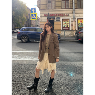 pusumede双面呢1OO羊毛西装毛呢外套女高级感宽松气质西服上衣