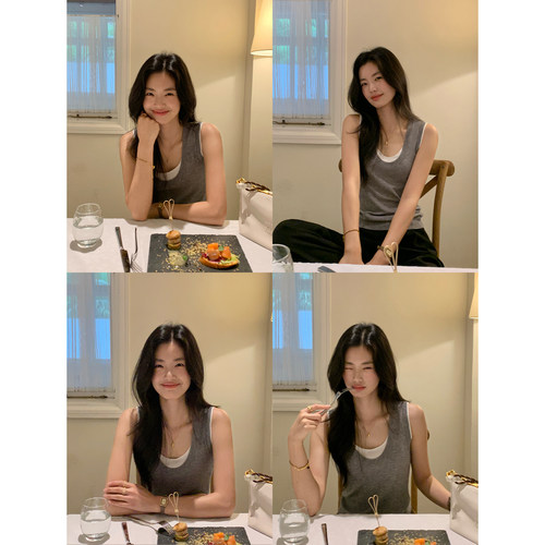 pusumede 穿搭自由 假两件撞色针织吊带背心女设计感无袖上衣