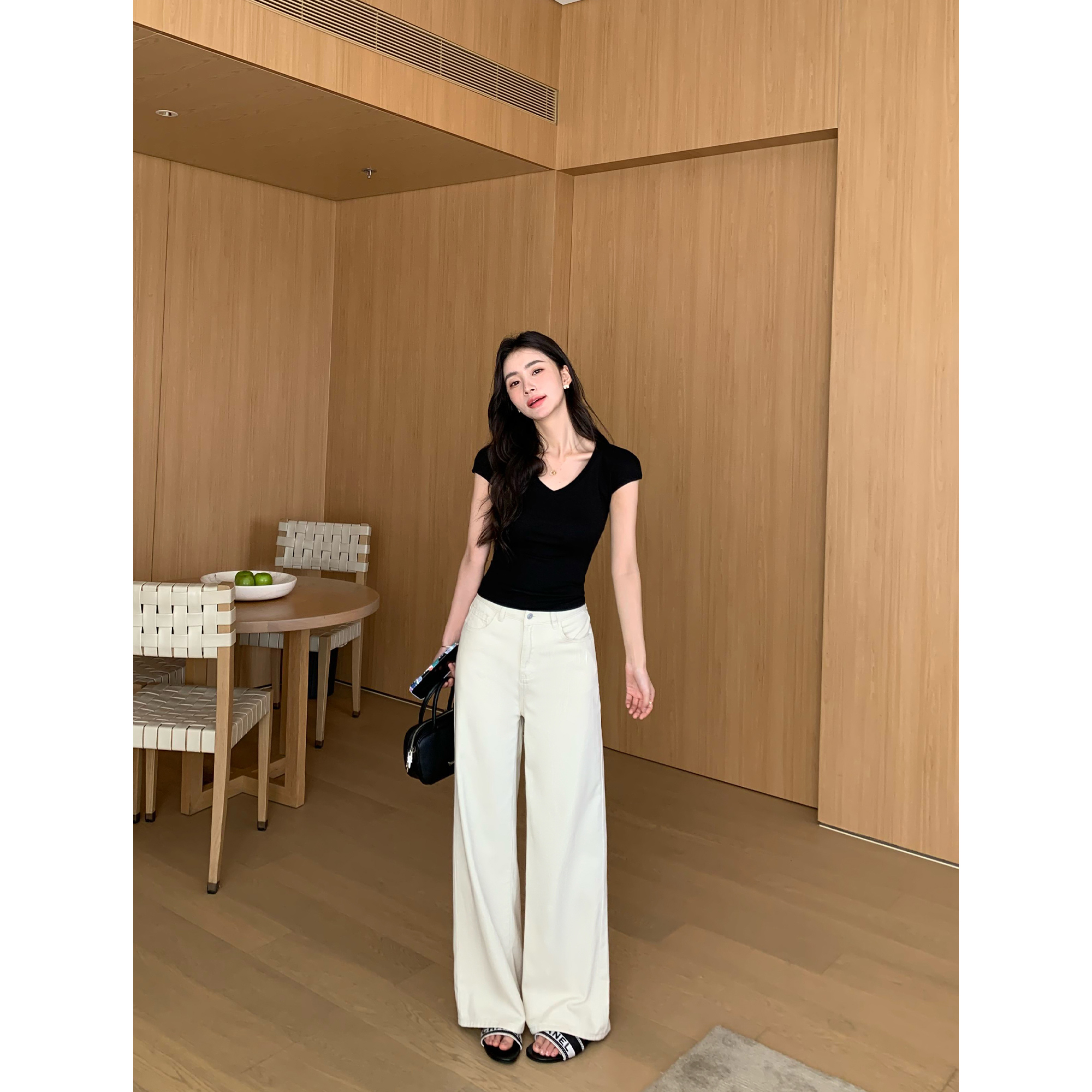 pusumede 修腿型神器 藏蓝阔腿牛仔裤女高腰宽松直筒裤百搭休闲裤