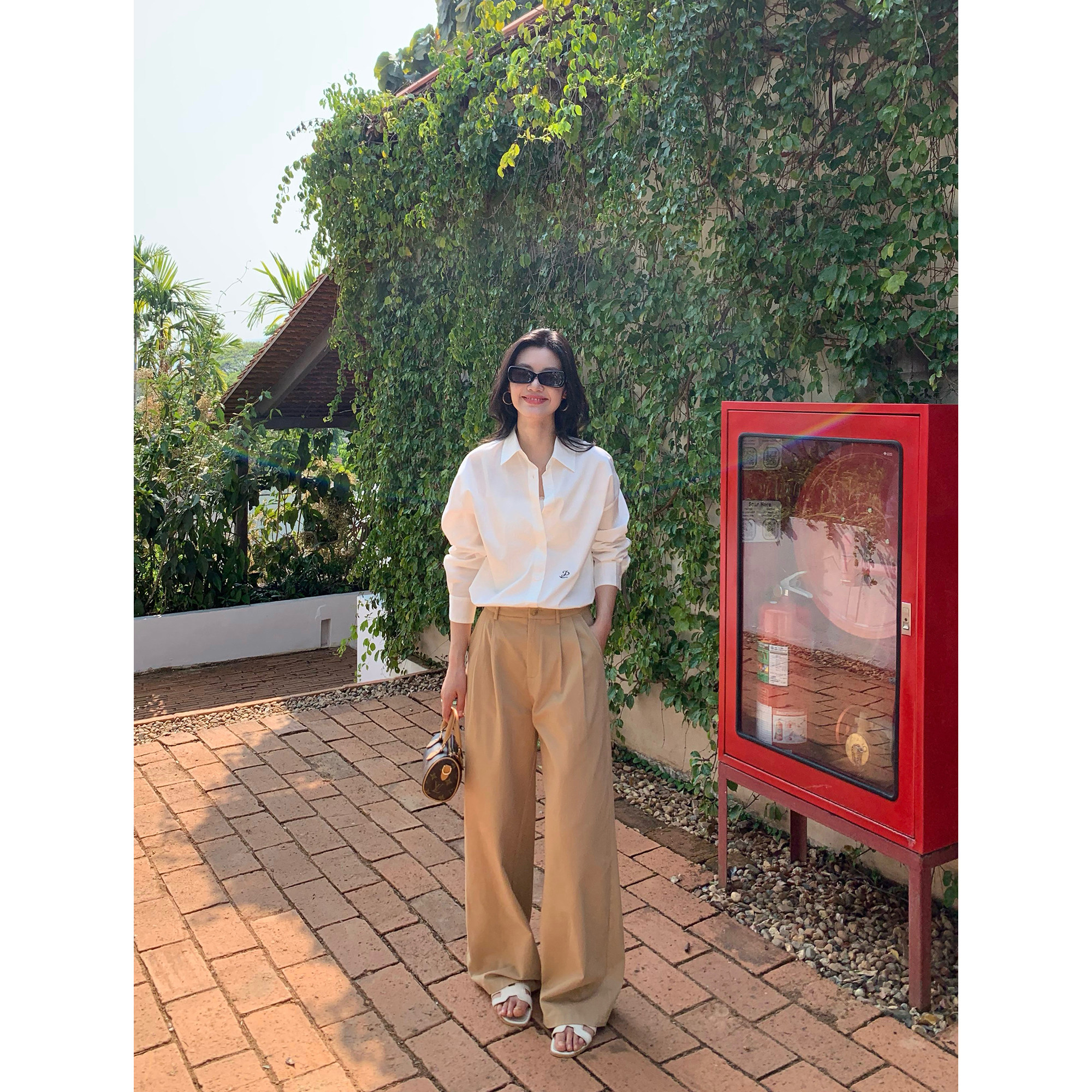 pusumede 利落有度 卡其色宽松阔腿裤女慵懒垂感拖地休闲裤长裤