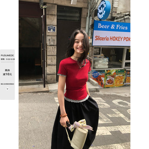 pusumede 头等舱级神T 基础圆领修身短袖t恤女撞色波边短款上衣