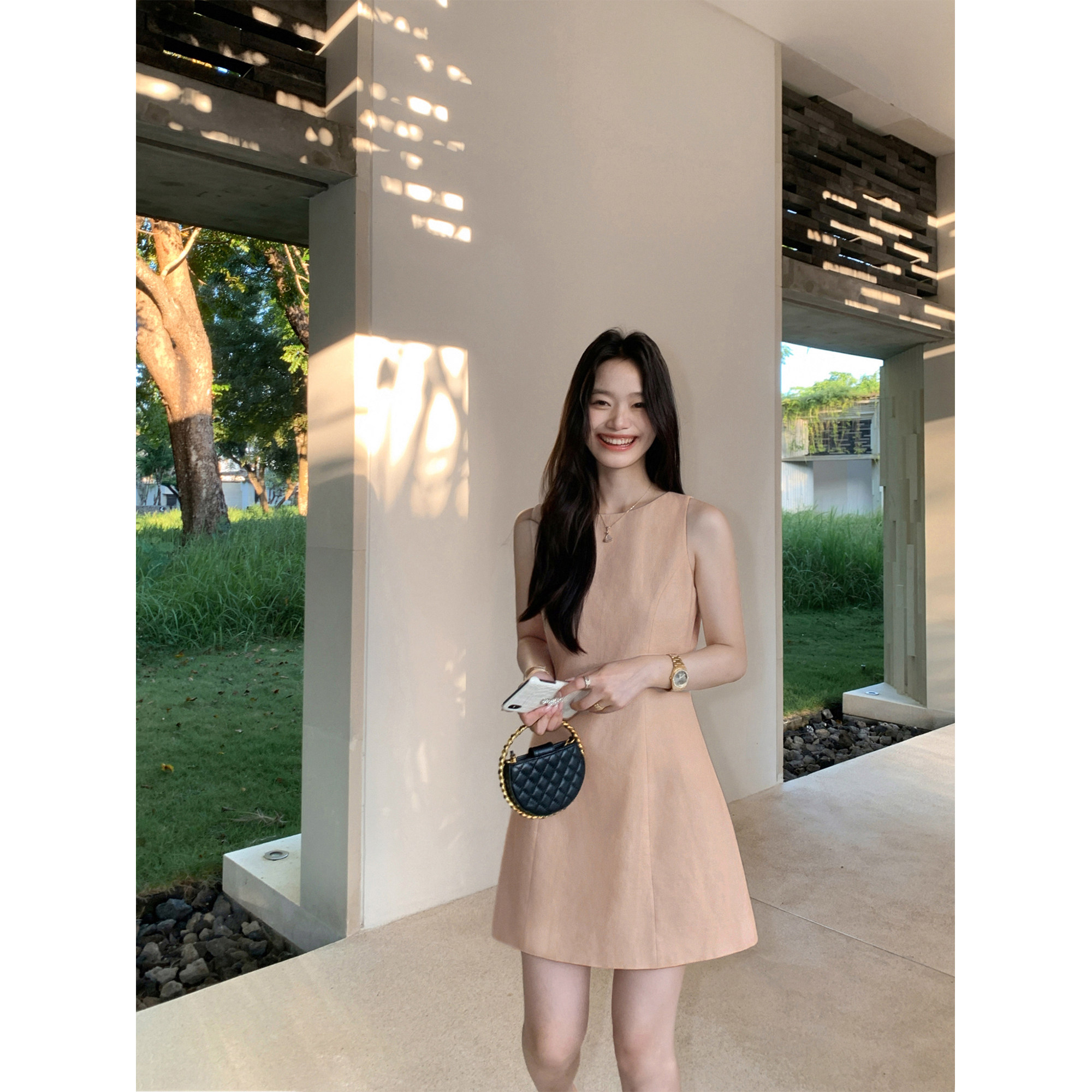 pusumede轻享质感 1OO亚麻无袖背心连衣裙女极简气质收腰显瘦短裙