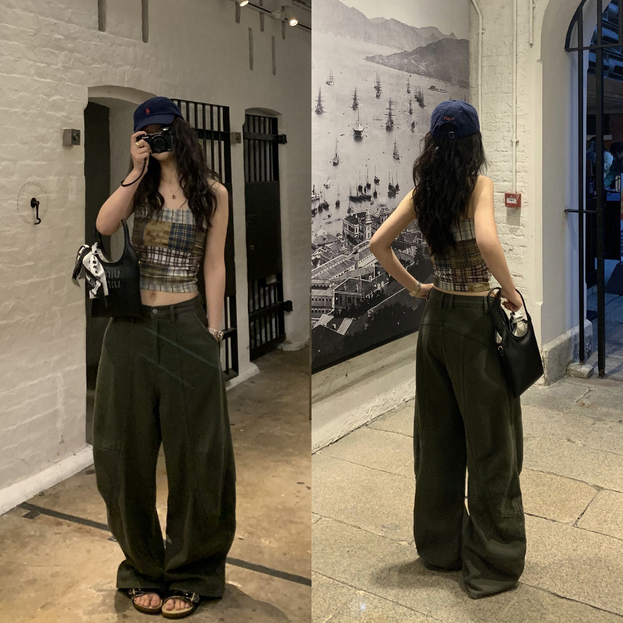 设计感美式工装牛仔阔腿弯刀裤