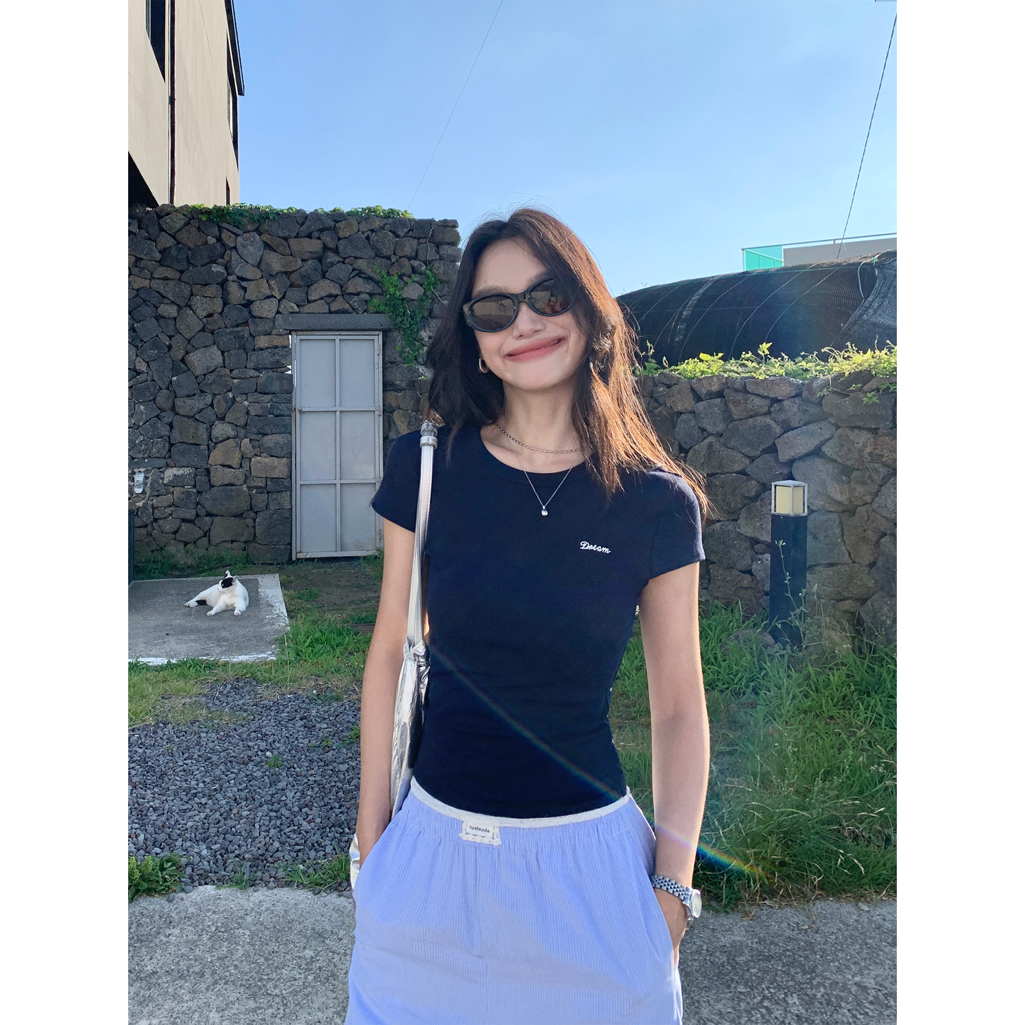pusumede基础不挑人 正肩短袖T恤女设计感刺绣小众针织小飞袖上衣