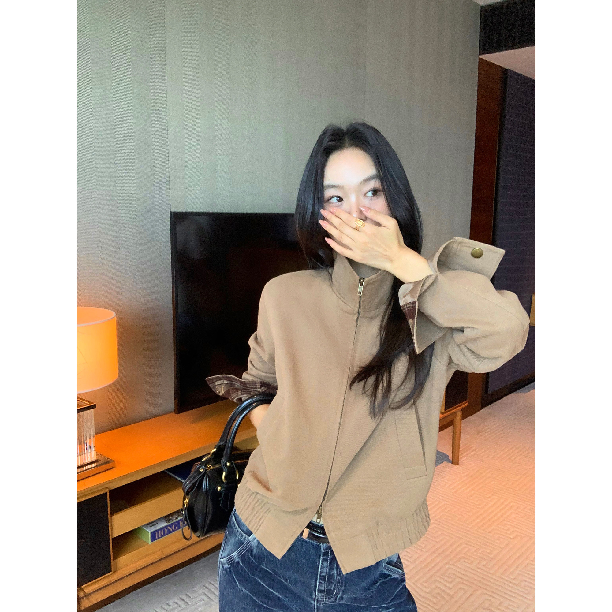 pusumede 格纹协奏 巴恩风格纹拼接立领夹克女复古廓形工装短外套,女装/女士精品,短外套,淘宝优惠券,粉丝福利购,淘宝优惠卷