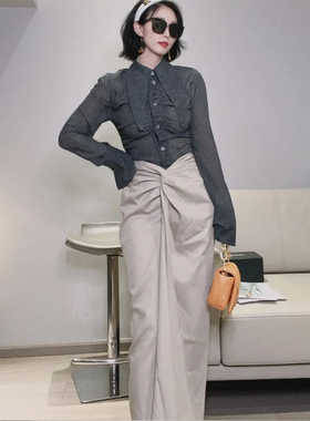 小众设计米杏色毛料抽褶半身长裙 QG87463N