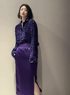 MT9034春季新款小众格调设计师款紫色气质衬衫女时尚豹纹长袖衬衣