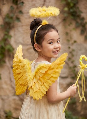 金黄色儿童羽毛翅膀天使背饰女童六一表演花童婚礼拍照写真道具