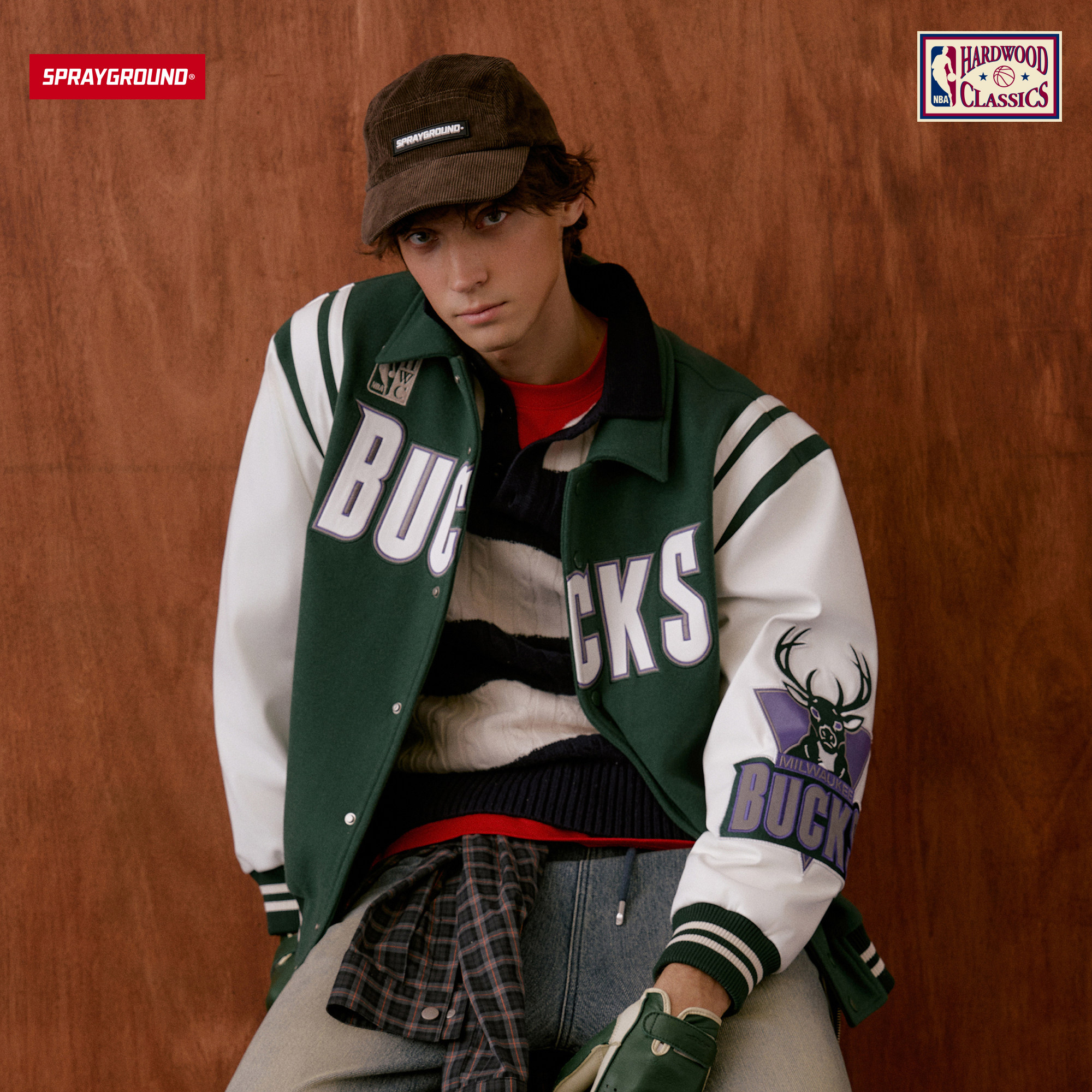 SprayGround丨NBA HWC联名系列雄鹿队长袖棒球夹克休闲男女街头秋