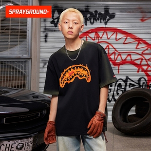 T恤男水洗寬松五分袖 上衣體恤潮 火焰鯊魚嘴短袖 SprayGround25夏季