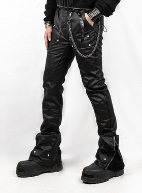 INSIDE OUT 暗黑先锋蜡染涂层小众高街拉链休闲中腰微喇叭长裤