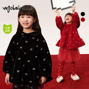丝绒中式拜年服|woobaby女童棉服25春宝宝盘扣刺绣保暖新年季外套